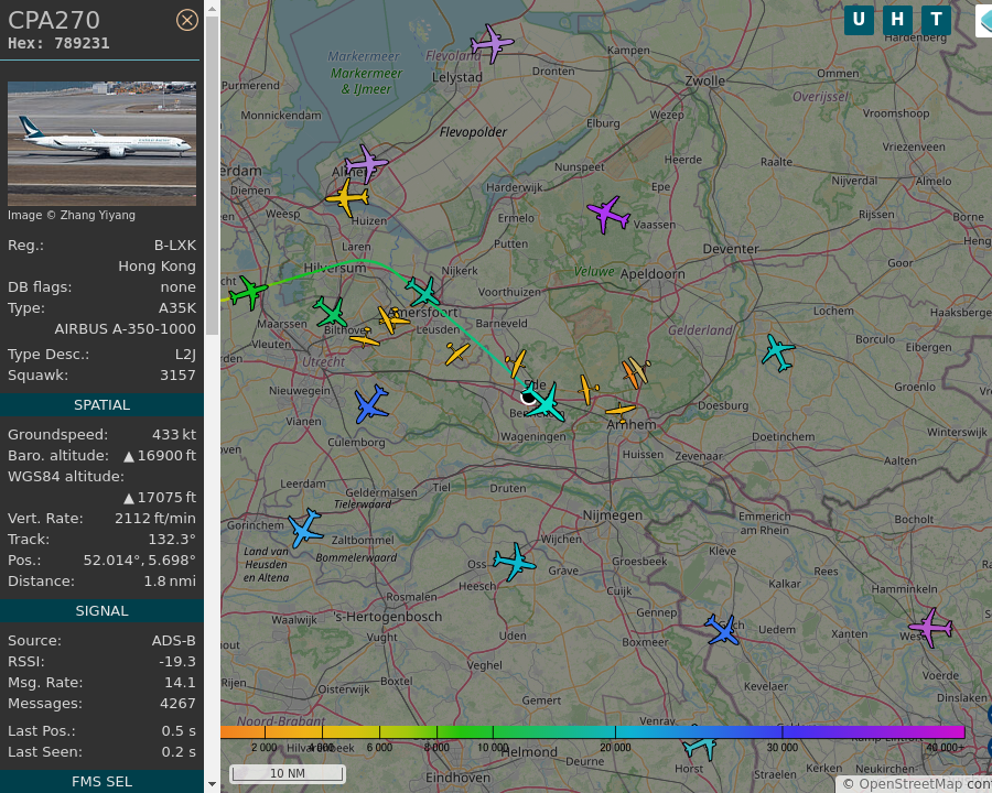 AboveEde's tweet photo. #CPA270 B-LXK A350 1041 Cathay Pacific Airways AMS-HKG Amsterdam Airport Schiphol to Hong Kong International Airport (Chek Lap Kok Airport): 0.6 mi away @ 16375 ft and 78.4° frm hrzn, heading SE @ 494.1mi/h 10:55:02. #MovingQuickly #ADSB #dump1090 https://t.co/NAxuNxg8VI