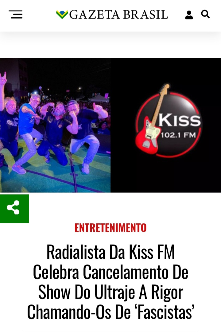 Radialista da Kiss FM chama a Banda Ultraje a Rigor de fascista e comemora cancelamento de show. 

Vamos CANCELAR essa estação de rádio? 

#KissFMNao 
<a href="/roxmo/">Roger Rocha Moreira</a>