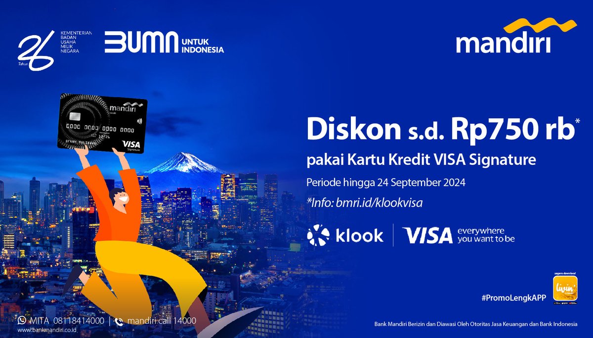 mandiricard's tweet photo. Mau booking tiket di Klook? Pakai Mandiri Kartu Kredit aja!
Dengan Mandiri VISA Signature, kamu bisa dapetin diskon s.d. 750 ribu! Yuk, buruan cek dan nikmati promonya!
Info lebih lanjut : https://t.co/eolRmEfqGe
#Klook
#MandiriKartuKredit
#PromoLengkAPP
#BankMandiri https://t.co/uRsjnOHz8l