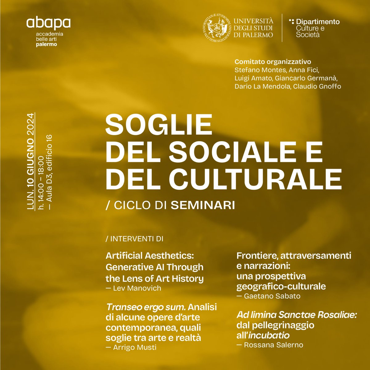 tomorrow 'Thresholds of the Social and the Cultural' I will be speaking alongside Lev Manovich (City University of New York), Gaetano Sabato (University of Palermo), and Rossana Salerno (University of Palermo) #ContemporaryArt  #UniversityOfPalermo #CityUniversityNewYork
