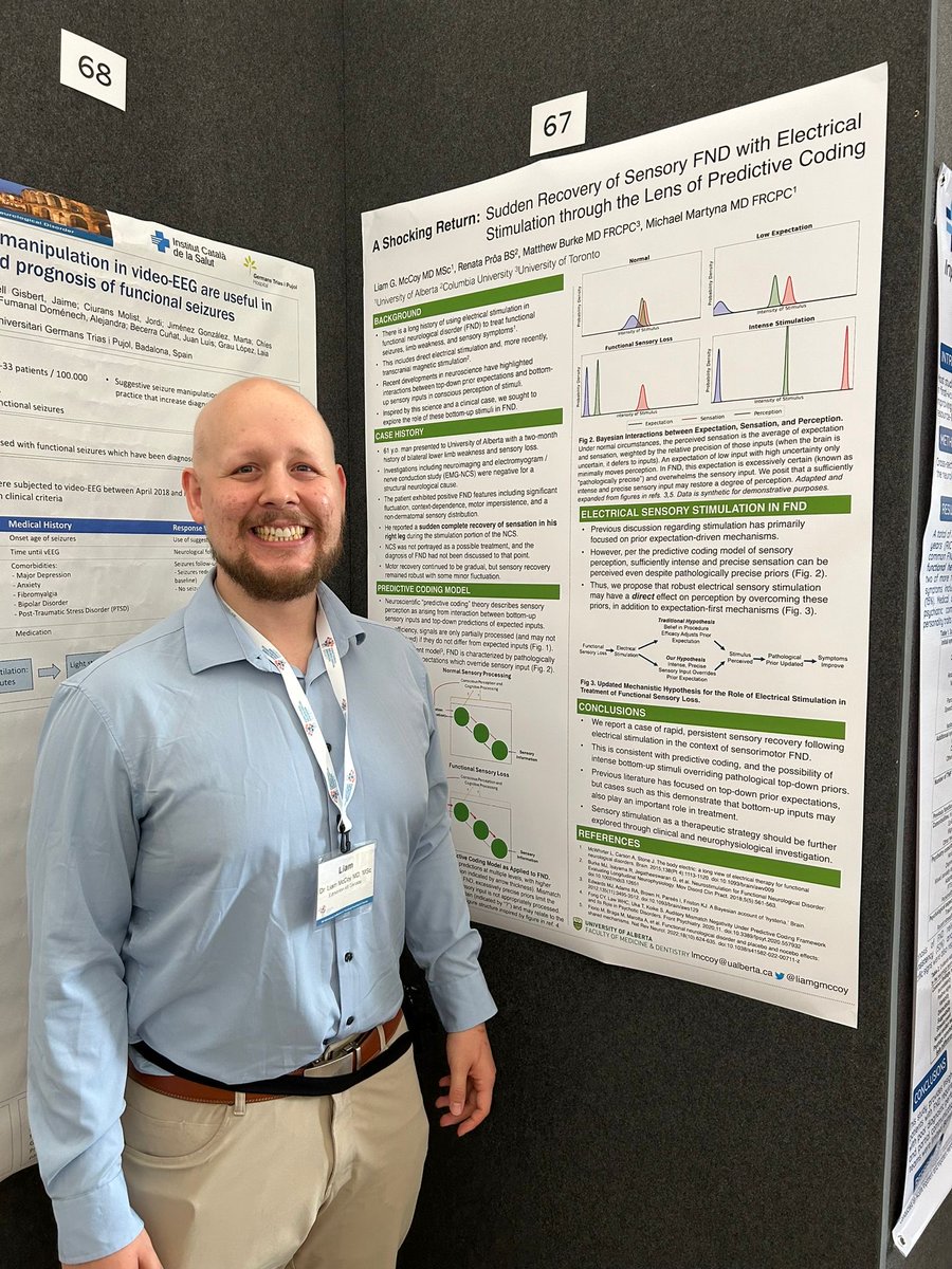 LiamGMcCoy's tweet photo. We saw a patient whose functional sensory loss was cured inadvertently by electrical stimulation during his nerve conduction study! 

How? We think predictive coding theory might help us understand. 

Swing by poster 67 at @FNDSociety FNDS 2024 to hear about it! #FND https://t.co/5XSK9XreqH