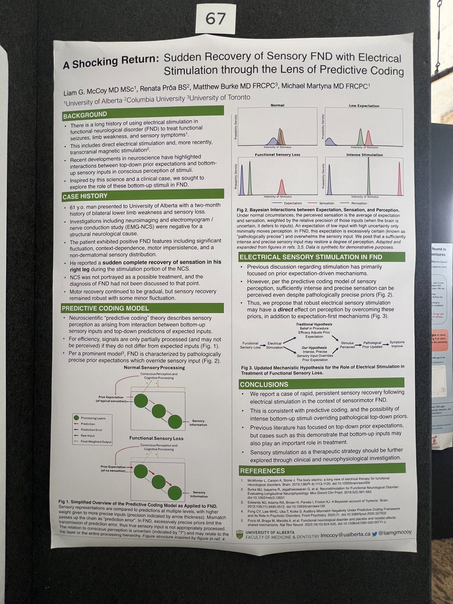 LiamGMcCoy's tweet photo. We saw a patient whose functional sensory loss was cured inadvertently by electrical stimulation during his nerve conduction study! 

How? We think predictive coding theory might help us understand. 

Swing by poster 67 at @FNDSociety FNDS 2024 to hear about it! #FND https://t.co/5XSK9XreqH