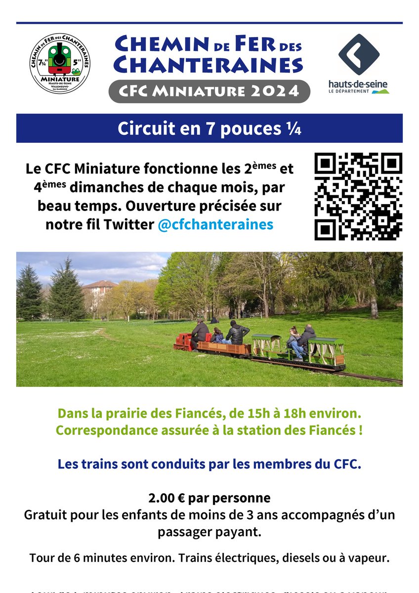DIMANCHE 9 JUIN 2024

•   Train des Chanteraines : Journée "rouge" à 2 trains en ligne dont VAPEUR
- Info trafic : circulation normale sur l'ensemble de la ligne

•   CFC Miniature : OUVERT dans la Prairie des Fiancés