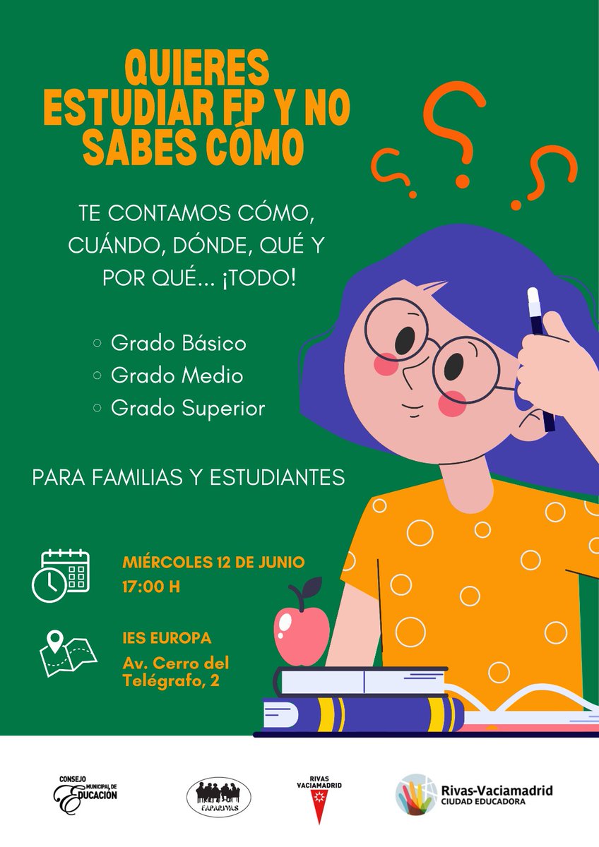 FAPA RIVAS junto con el Ayuntamiento de Rivas, organiza esta reunión para explicar a todas las familias y estudiantes interesados en cursar FP tanto el proceso de admisión como en qué consiste la nueva FP. Te esperamos el 12 de junio a las 17.00 en el IES Europa.