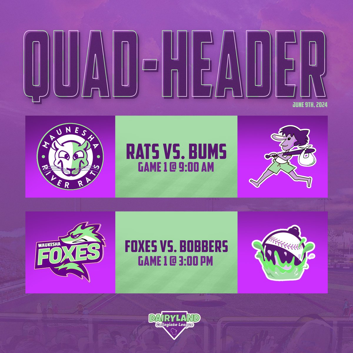 Absolutely PACKED schedule today for Diaryland baseball! 9 AM matchup between the Rats and Bums. After their two games, Foxes and Bobbers play two of their own starting at 3 PM.

All Games played at Wisconsin Brewing Co. Park (Lake Country DockHounds) in Oconomowoc.