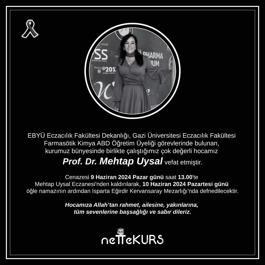 Değerli hocamız Prof. Dr. Mehtap Uysal'ı kaybetmenin derin üzüntüsü içindeyiz. Hocamıza Allah'tan rahmet, kederli ailesine, yakınlarına ve tüm sevenlerine başsağlığı diliyoruz.