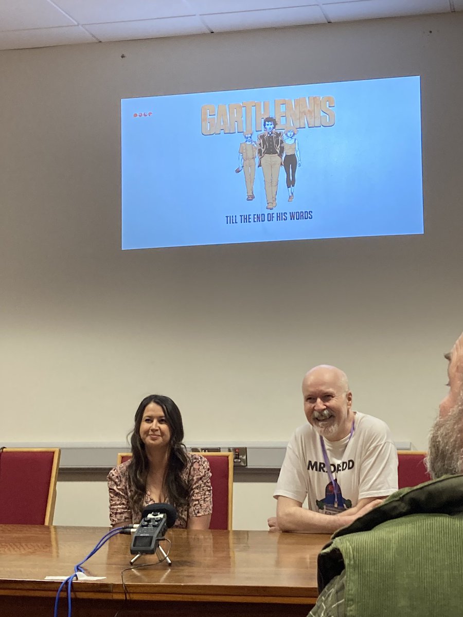 GregDaly's tweet photo. It’s possible I enjoyed the exhibition too much, though it really was great. Afterwards we watched a film, introduced by @MikeOwenCarroll and by Steve’s daughter-in-law, supposedly about Garth Ennis but in truth almost as much about Steve, to whom it was dedicated. /4 https://t.co/jUTB1oHPnj