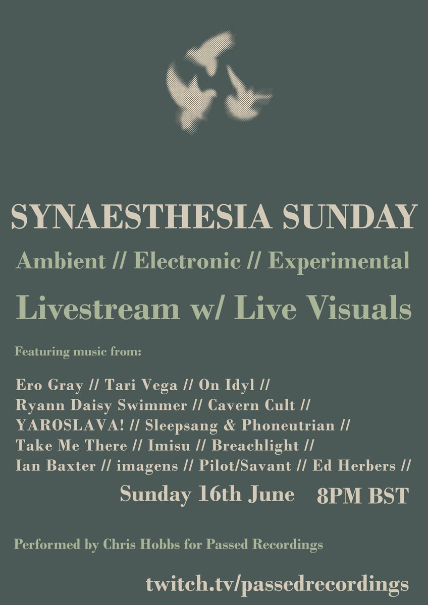 Synaesthesia Sunday is back! 
With abstract visuals synthesised by <a href="/chrishobbs92/">Chris Hobbs</a>  to music from @IBaxterSoundArt <a href="/sleepsang/">sleepsang</a> @exit_chamber  <a href="/ellanjellan/">Ellan</a> <a href="/ForestKidsPA/">Forest Kids Collective | BLM 🐬</a> and more!

Follow us on Twitch to attend: twitch.tv/passedrecordin…