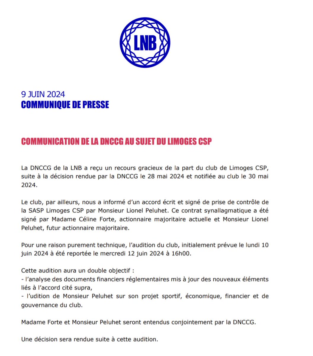 MatthieuMarot7's tweet photo. Confirmation de l'info du @LePopu_sports. Céline Forte a bien laissé le contrôle du club au Limoges CSP à Lionel Peluhet. Les dirigeants limougeauds seront reçus mercredi 12 juin à la DNCCG. Le CSP peut espérer sauver sa place parmi l'élite. https://t.co/7f22pnRYXv