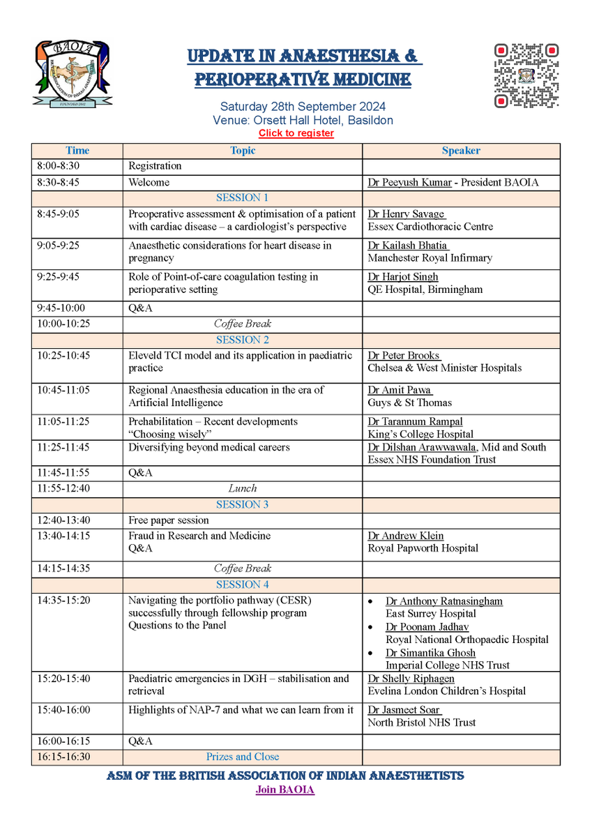 ASM registration is now live. 

Please join us for our ASM 2024 at Basildon 
on 28th September 2024. 
Click to register: baoia.org/asm2024

RCoA CPD approval applied. 

ASM is followed by evening entertainment and an Indian gala dinner. Join with family and friends.