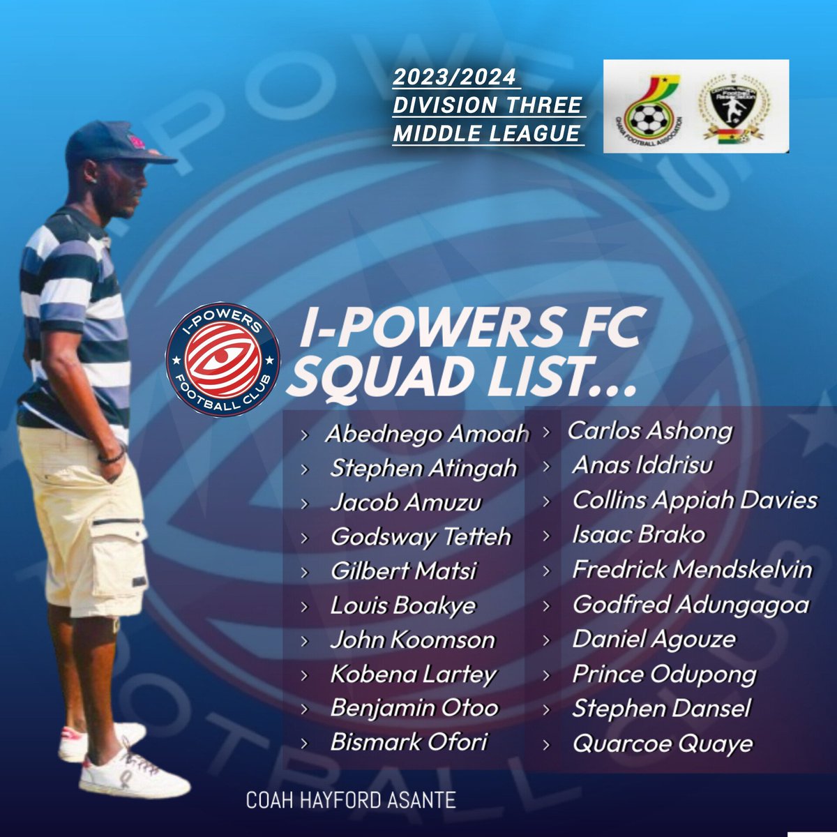 Our squad list for the 2023/2024 Division three middle league💪💙🤍❤️- I-Powers Fc--🇬🇭❤️💯 (Some Dreams About  Goals We Make Them) 
#ipowersfootballclubc #middle #league.