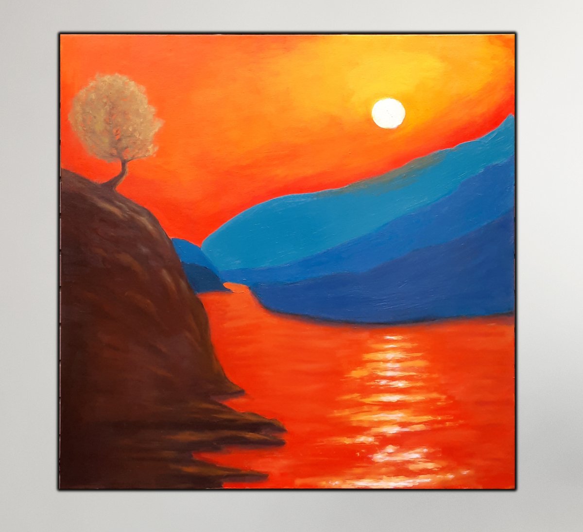 BBArtZone's tweet photo. 🌅 Happy to share my new oil painting, "New Sun," – an orange river, blue mountains, and stunning sunset. 36"x36" (90x90 cm), oil on canvas, ready to hang, UV protected. 🌄 #Art #OilPainting #Sunset https://t.co/G5hP2sCKCn
