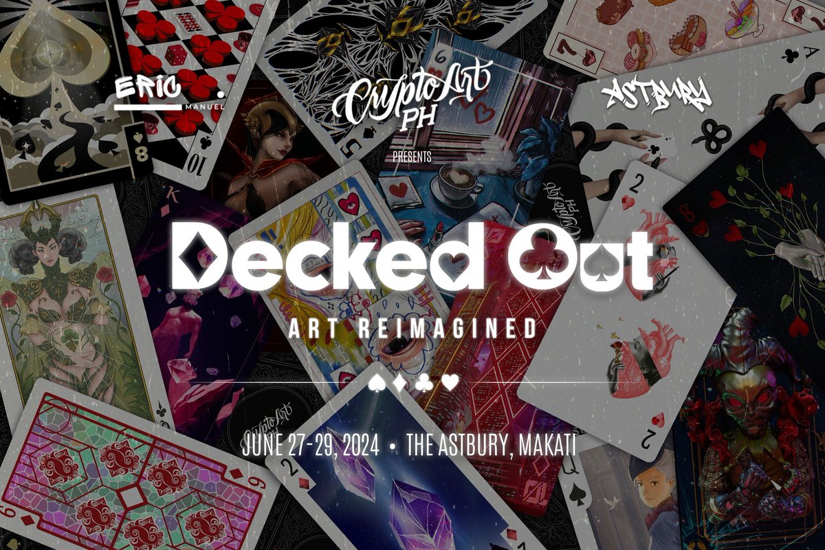 Cryptoartph in collaboration with The Astbury and Eric Manuel, presents:

Decked Out: Art Reimagined
Join us from June 27-29, 2024, at The Astbury.

June 27 - Invitation-only
June 28 - Workshop
June 29 - Mint &amp; Greet (Art talk)