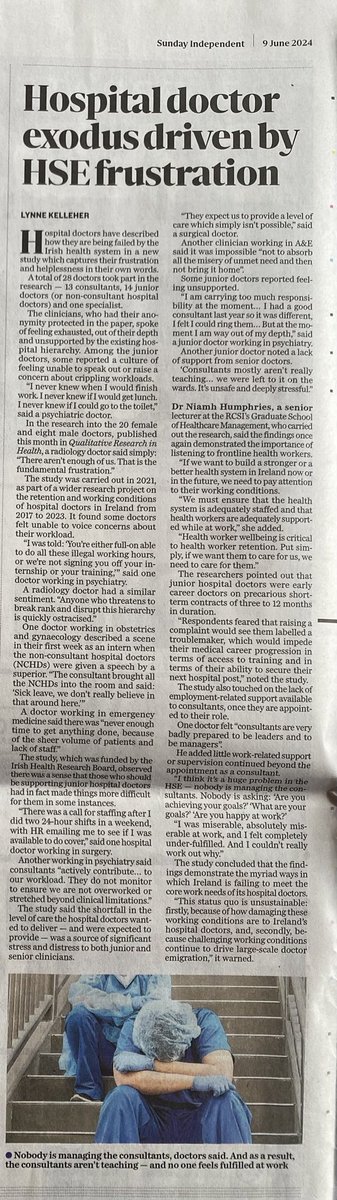 Great to see ⁦<a href="/HDRM_Project/">Hospital Doctor Retention and Motivation Project</a>⁩ findings in the ⁦<a href="/TheSundayIndo/">Sunday Independent</a>⁩. To enable hospital doctors to protect their well-being and work life balance, working conditions need to improve #DrRetention