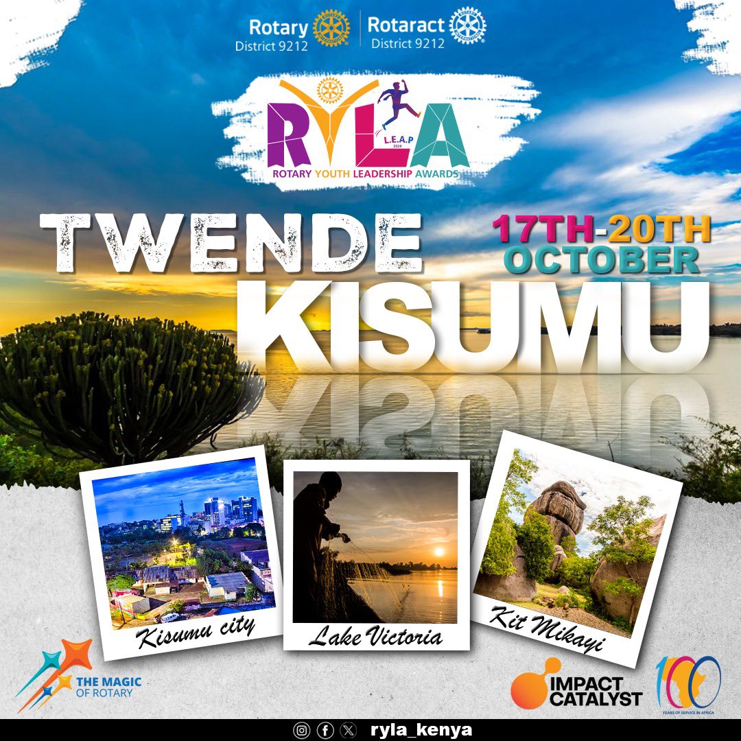 #TwendeRYLAKisumu
Pack your bags🎒&amp; get ready for an adventure of a lifetime as we bring the Rotary Youth Leadership Awards to the vibrant city of Kisumu! 

From Oct 17-20, immerse yourself in leadership workshops, thrilling activities &amp; the breathtaking beauty of Lake Victoria.