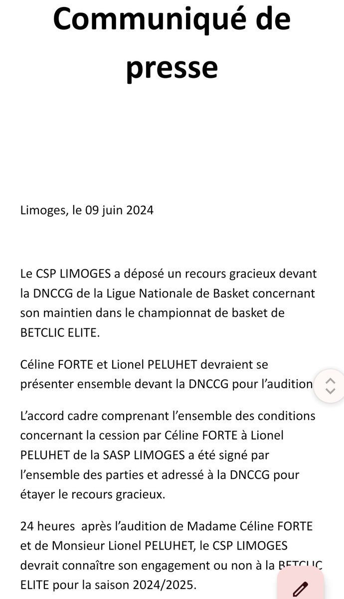 🏀 Le premier communiqué du Limoges CSP depuis la prise de pouvoir de Lionel Peluhet. <a href="/LePopu_sports/">Le Populaire Sports</a>