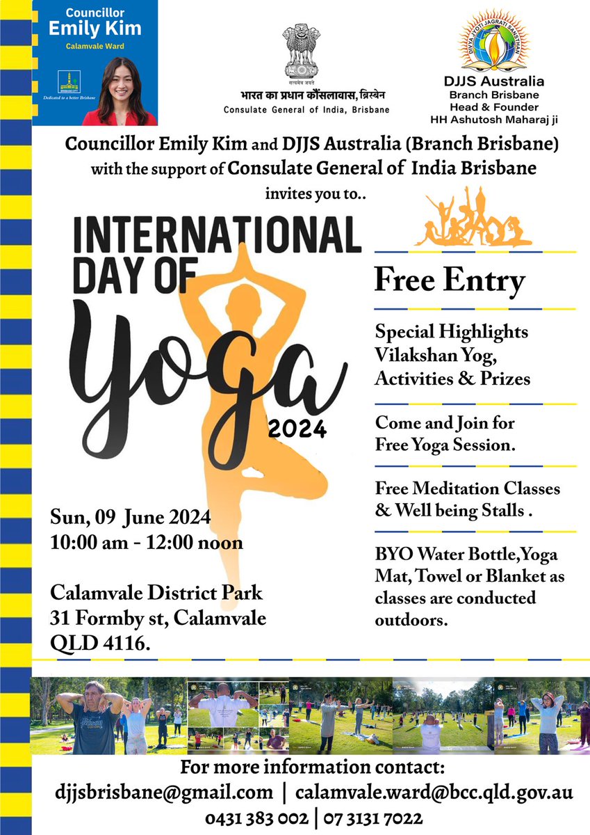 DjjsAustralia's tweet photo. Excited to announce the International Day of Yoga celebrations on 9th June in Brisbane! Supported by Councillor Emily Kim &amp; the Consulate General of India.  10th DJJS Australia, Brisbane branch event and 8th collaboration with Calamvale ward. #YogaDay #Brisbane2024 https://t.co/7EV8BvVFtA