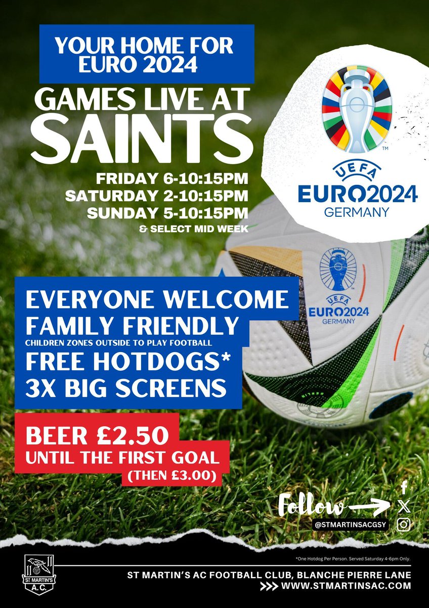 StMartinsAC's tweet image. ⚽🏆 YOUR HOME FOR EURO 2024 ⚽🏆

Catch all the EURO 2024 action LIVE at SAINTS! We've got everything you need for the ultimate football experience:
📅 Schedule:
Fridays: 6-10:15 PM
Saturdays: 2-10:15 PM
Sundays: 5-10:15 PM
&amp;amp; Select Midweek Matches! - (Follow us on social media)