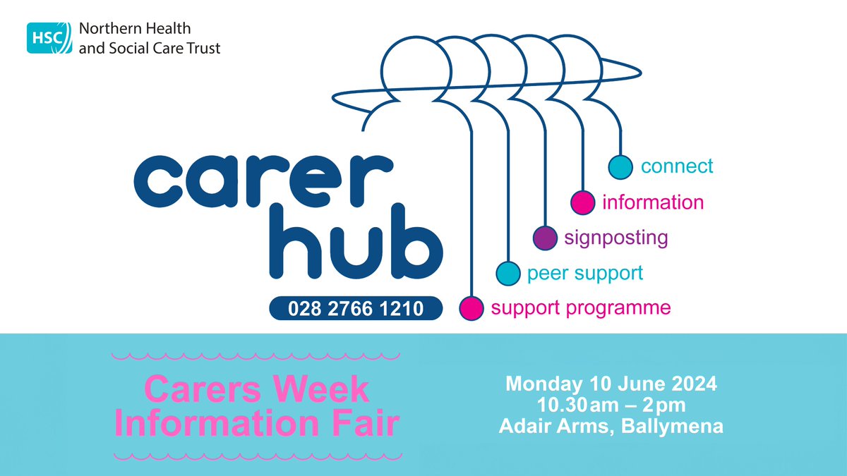 We're kicking off #CarersWeek with an information fair for unpaid family carers in Adair Arms, Ballymena tomorrow!
Drop-in anytime between 10.30am - 2pm to find out about support opportunities ❤️ 

For more info email carer.hub@northerntrust.hscni.net or call 028 2766 1210