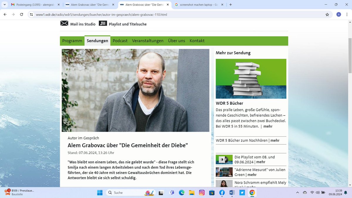 War zu Gast für ein Interview mit „Der Gemeinheit der Diebe“ in der Sendung WDR5 Bücher.