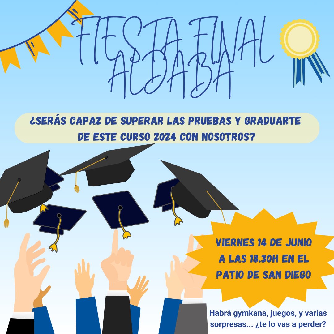 Aldaba1985's tweet photo. ¿SERÁS CAPAZ DE GRADUARTE EN ALDABA ESTE AÑO?🎓 

¡Ven y celebra con nosotros la fiesta final de nuestro Centro Juvenil! 🥳🪩🎊 

Nos vemos este viernes 14 de junio a las 18:30h en el Patio de San Diego. Habrá gymkana, juegos, y algunas sorpresas que os encantarán😎🎉 https://t.co/mvPCEr0IYZ