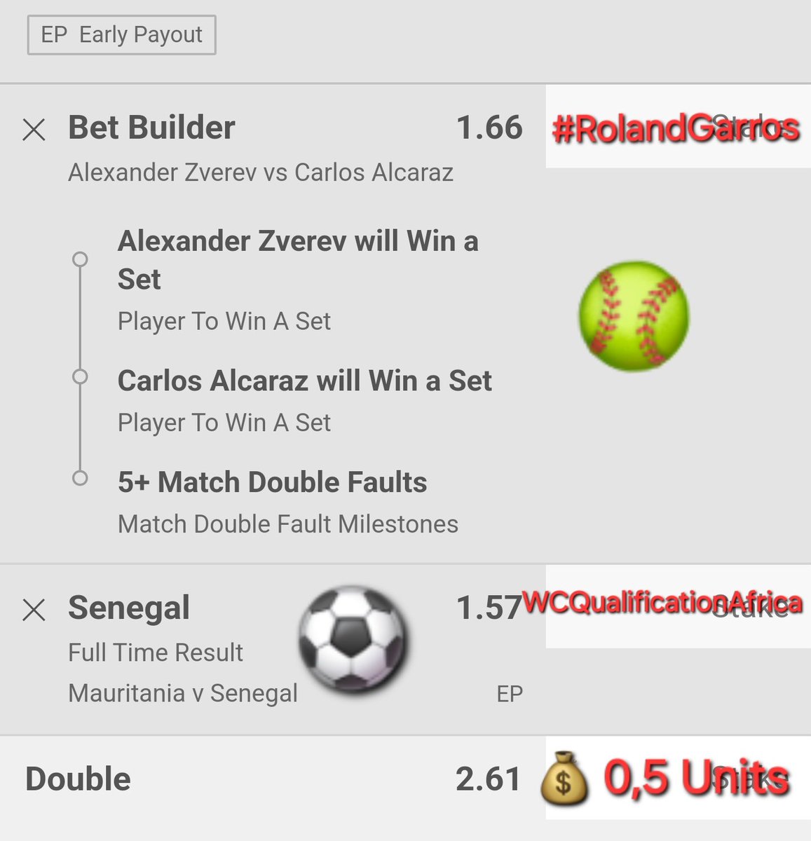 KwnstantinosCat's tweet photo. 📌 Pregame Double 🥎 &amp; ⚽️ Acca 
1️⃣ 🥎 ➡️ ⏰️ 15:30
2️⃣ ⚽️ ➡️ ⏰️ 19:00
💰 0,5 Units 
📈 @2,61 

#tennis #RolandGarros #Africa #WCQualification #Senegal #football #pregame #bet365 https://t.co/YoaGDSeX4p