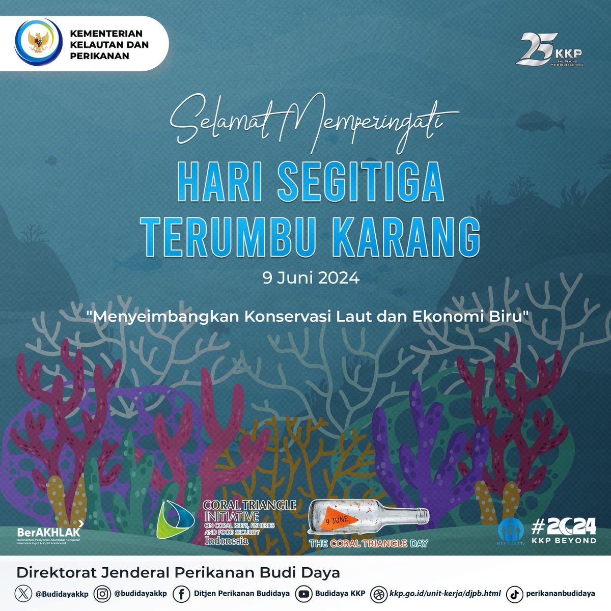 BudidayaKKP's tweet photo. Selamat Memperingati Hari Segitiga Terumbu Karang #sahabatbahari @kkpgoid, 9 Juni 2024. "Menyeimbangkan Konservasi Laut dan Ekonomi Biru". Mari kita lestarikan keindahan dan keanekaragaman hayati laut kita.
#KKPBeyond
#KKPGOID
#MENTERIKKP
#SAKTIWAHYUTRENGGONO
#rbkkphebat https://t.co/rIN3xtnBN6