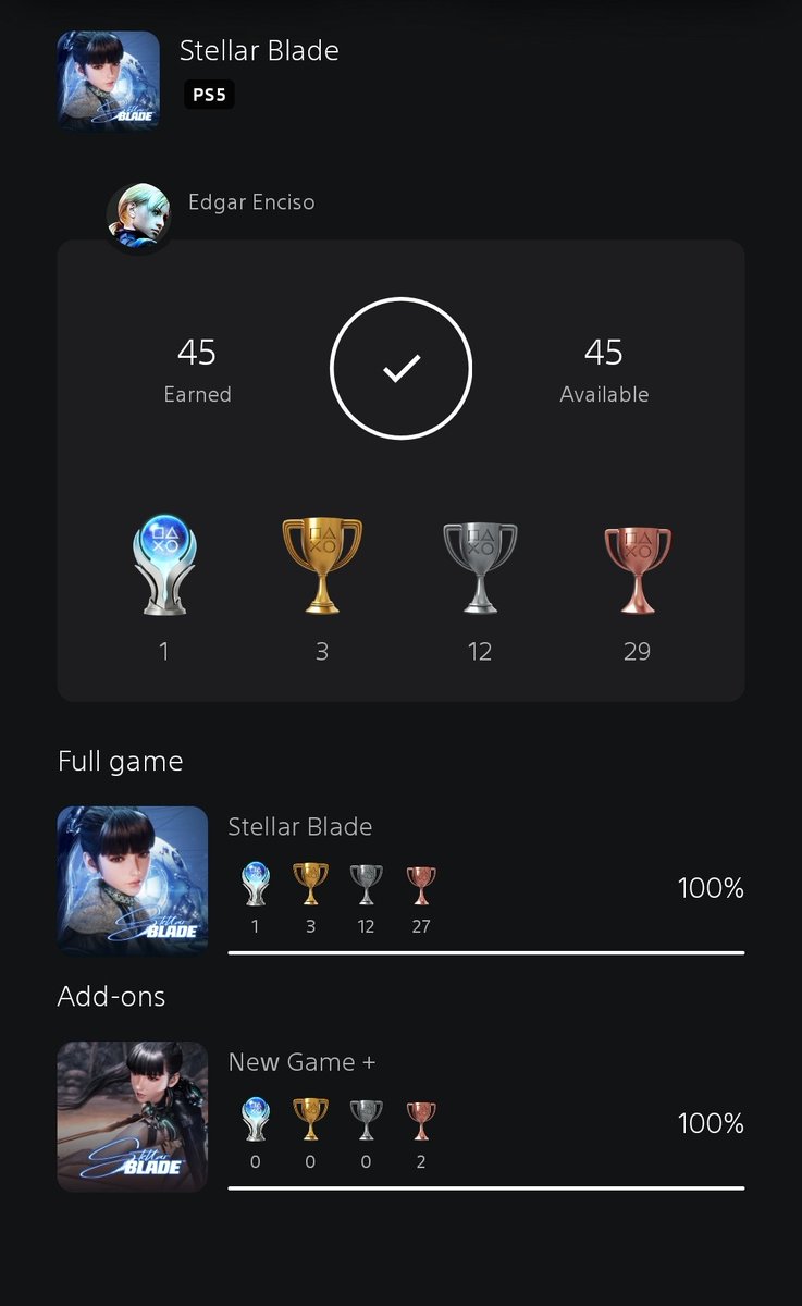 EdgarRavenLion's tweet photo. Finally got the platinum, such an amazing game from the beginning to the end!! Quite sure this is my goty 2024 @StellarBlade thank you very much for this journey!!

#StellarBlade https://t.co/PTOmSKrPhh