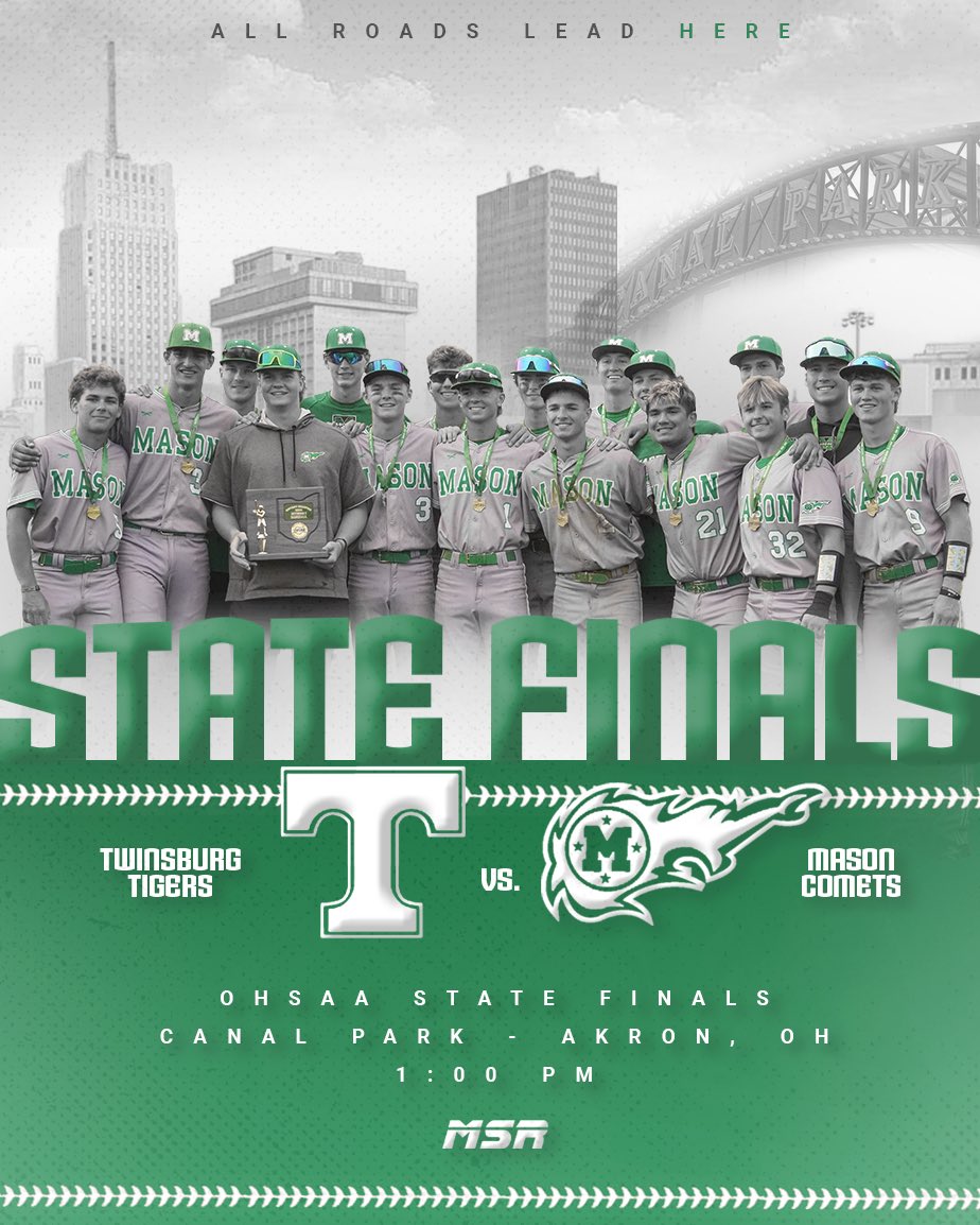 🚨GAMEDAY🚨
🏆| OHSAA State Finals
⚾️| <a href="/MasonHSBaseball/">Mason Comets Baseball</a> vs. Twinsburg
📍| Canal Park (Akron, OH)
⏰| 1:00 PM
📻| m.youtube.com/user/wearembc
🎙️| <a href="/adam_little11/">Adam Little</a> and <a href="/little_andrew_3/">Andrew Little</a> 

All has led to THIS moment for <a href="/MasonHSBaseball/">Mason Comets Baseball</a>. Tune in this afternoon!

<a href="/gmcsports/">GMC Sports</a> <a href="/MasonHSComets/">MasonComets</a>