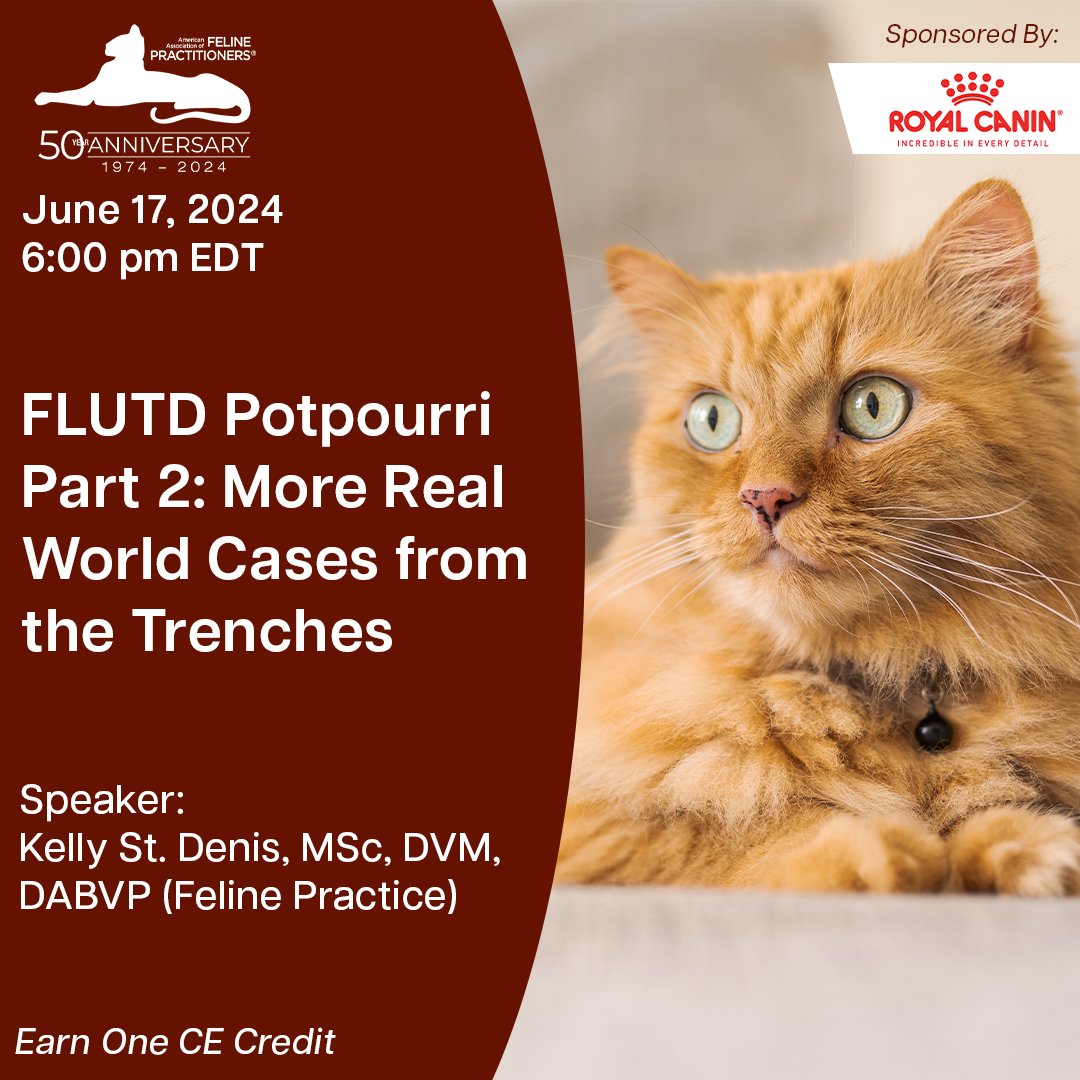 CatVets's tweet photo. Join us for our next webinar "FLUTD Potpourri Pt 2: More Real World Cases from the Trenches" on June 17. Dr. Kelly St. Denis will explore the complications of recurrent FLUTD, comorbidities, and caregiver budgets. Learn more at https://t.co/yImjeIgNJQ.
#FLUTD #FelineMedicine https://t.co/oOr5RC50HA