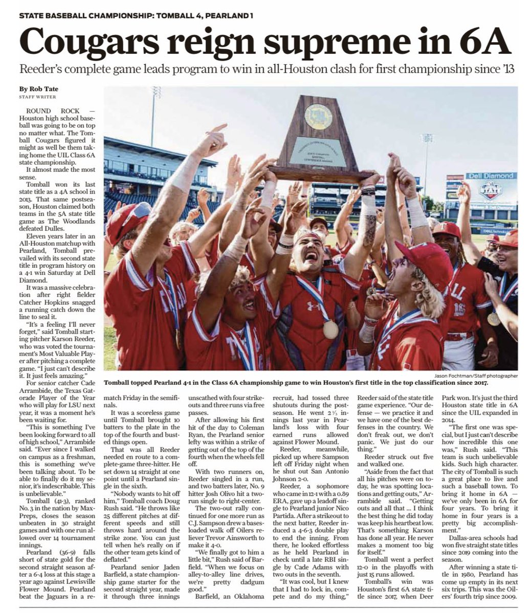 Houston Chronicle High School Sports (@houstonchronhs) on Twitter photo ๐ ๐๐๐๐๐ ๐๐๐๐๐๐ ๐
โพ๏ธ In todayโs <a href="/HoustonChron/">Houston Chronicle</a>, the 2024 Class 6A champion Tomball Cougars.
๐ houstonchronicle.com/texas-sports-nโฆ
<a href="/tomball_bsball/">Tomball High School Baseball</a> <a href="/THS__athletics/">Tomball High School Athletics</a> <a href="/TISDTHS/">Tomball High School</a> <a href="/ArrambideCade/">Cade Arrambide</a> <a href="/KarsonReeder/">Karson Reeder</a> <a href="/cj_sampson7/">CJ Sampson</a> <a href="/BlaineLucass4/">Blaine Lucas</a> <a href="/TomballISD/">Tomball ISD</a>
#txhsbaseball #UILState ๐ ๐๐๐๐๐ ๐๐๐๐๐๐ ๐
โพ๏ธ In todayโs <a href="/HoustonChron/">Houston Chronicle</a>, the 2024 Class 6A champion Tomball Cougars.
๐ houstonchronicle.com/texas-sports-nโฆ
<a href="/tomball_bsball/">Tomball High School Baseball</a> <a href="/THS__athletics/">Tomball High School Athletics</a> <a href="/TISDTHS/">Tomball High School</a> <a href="/ArrambideCade/">Cade Arrambide</a> <a href="/KarsonReeder/">Karson Reeder</a> <a href="/cj_sampson7/">CJ Sampson</a> <a href="/BlaineLucass4/">Blaine Lucas</a> <a href="/TomballISD/">Tomball ISD</a>
#txhsbaseball #UILState