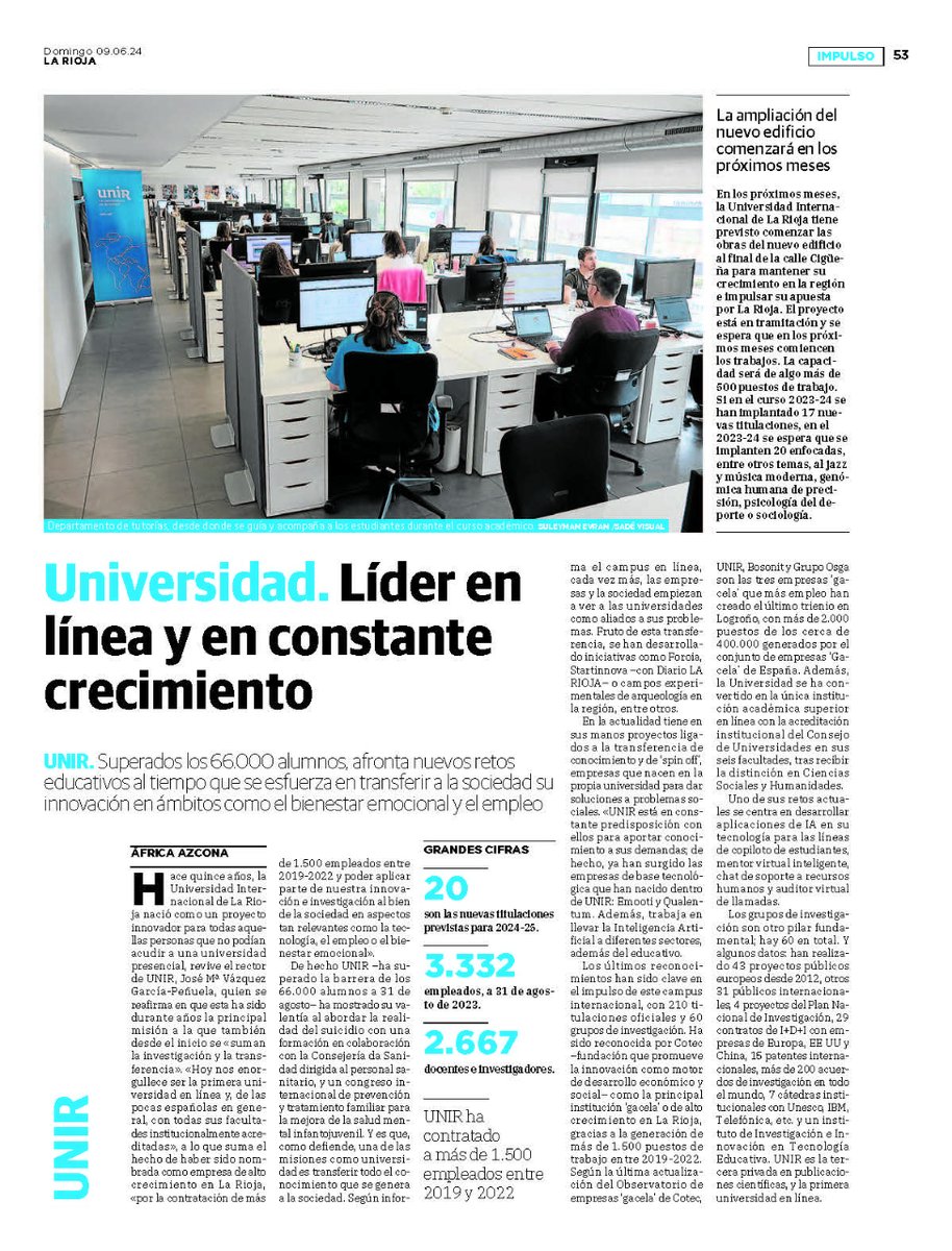 Hoy, el suplemento Impulso de Diario LA RIOJA ahonda en los nuevos retos educativos que afronta <a href="/UNIRuniversidad/">Universidad Internacional de La Rioja (UNIR)</a>, superados los 66.000 alumnos, al tiempo que se esfuerza en transferir a la sociedad su innovación en ámbitos como el bienestar emocional y el empleo.

#UNIR #LaRioja