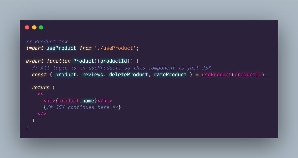 housecor's tweet image. One of my clients is using an odd React pattern: They put only JSX in components. All logic is placed in a custom hook with matching name.  

Example:
Product.tsx // Just JSX 
useProduct.tsx // Product logic

I talked them out of this pattern using the justifications below.…