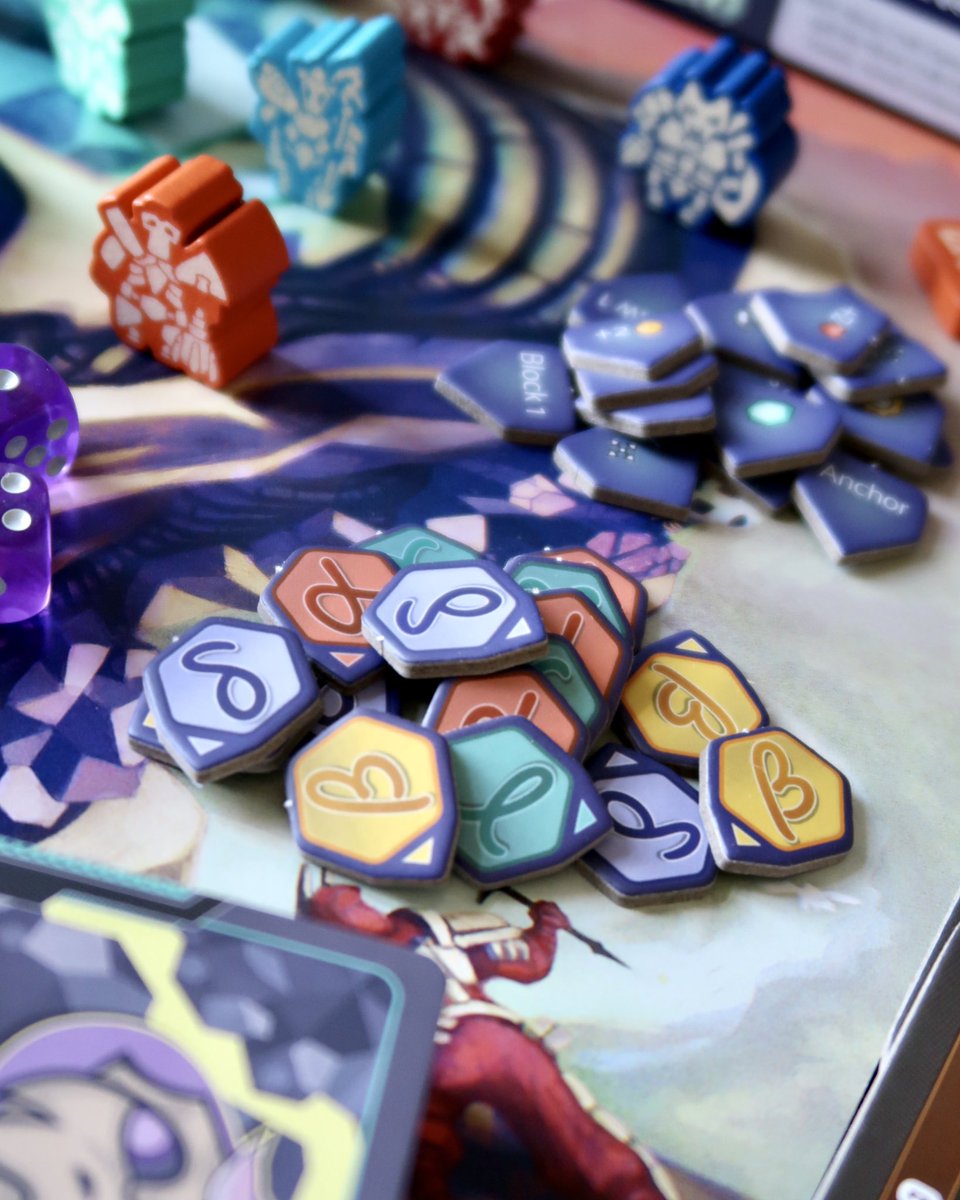 Here are a few photos from “Leviathan Wilds”, a cooperative #boardgame in which you are climbers confronting huge leviathans, who once lost their minds and  tore the world apart, but now can be saved and restored by destroying magic crystals on their bodies. 
<a href="/MoonCrabGames/">Moon Crab Games</a>