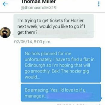 I met my husband through Twitter 10 years ago and today marks 10 years since we've been together and 2 years since we married.

Here he is coyly DMing me to ask if I'll go with him to see Hozier. We never managed to get to the gig - it was sold out. But still glad he asked. ♥️