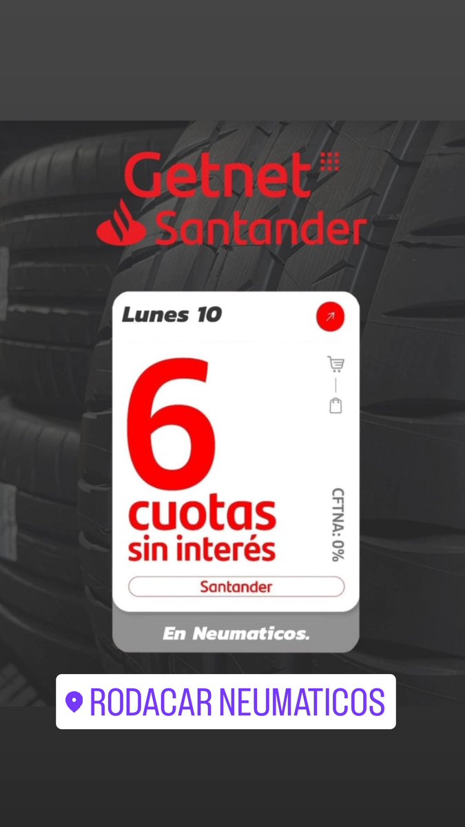 rodacarneumatic's tweet photo. No olvides  este lunes 10 con tarjeta Santander  esta promo en todos nuestros neumáticos y servicios. Te esperamos en nuestros Centros de Servicios Rodacar. https://t.co/tH97pthk7S