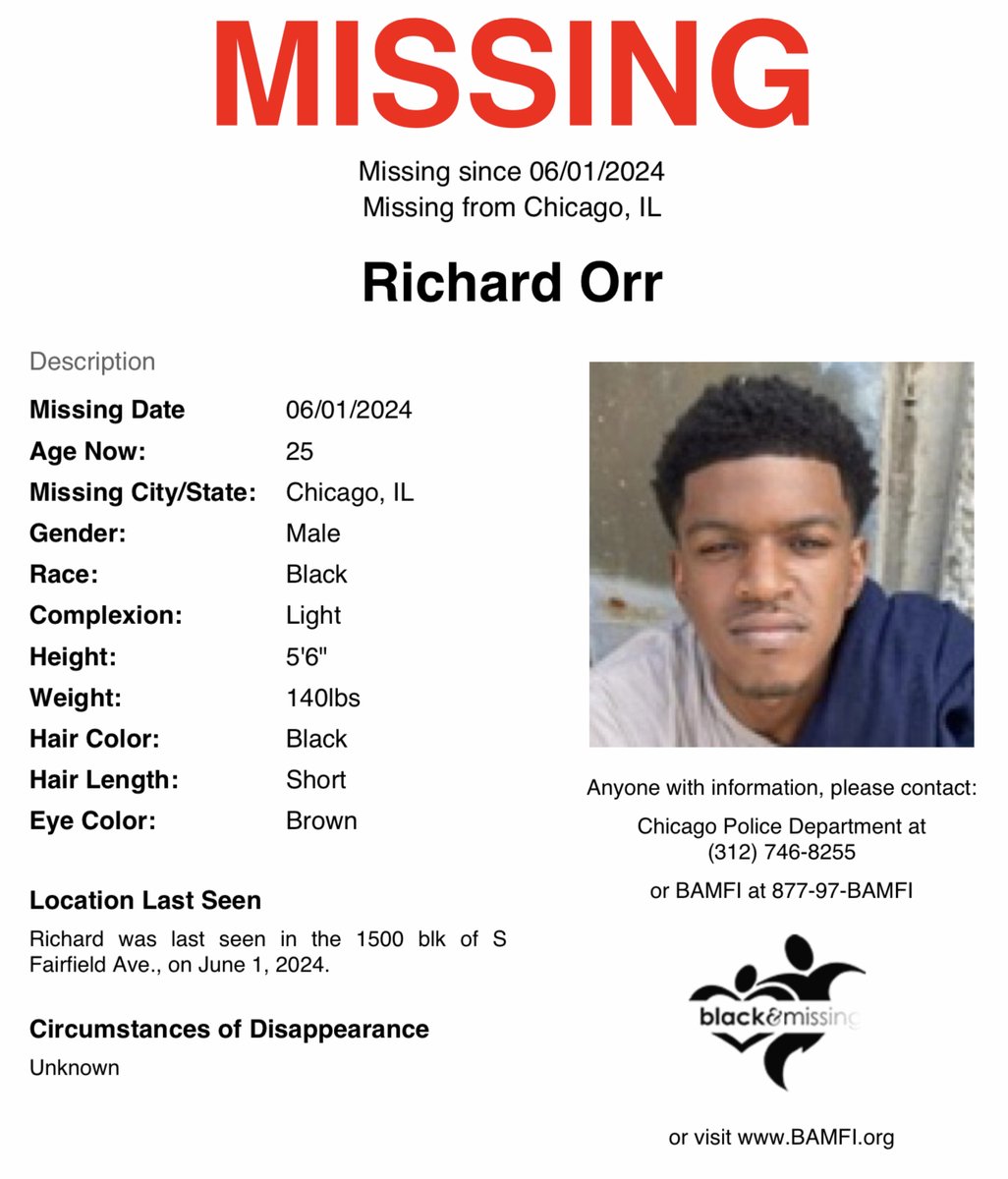 BAM_FI's tweet photo. #Chicago, #Illinois: 25y/o Richard Orr was last seen in the 1500 blk of S Fairfield Ave., on June 1.

Have you seen Richard? #RichardOrr https://t.co/Qykm8NtMeq