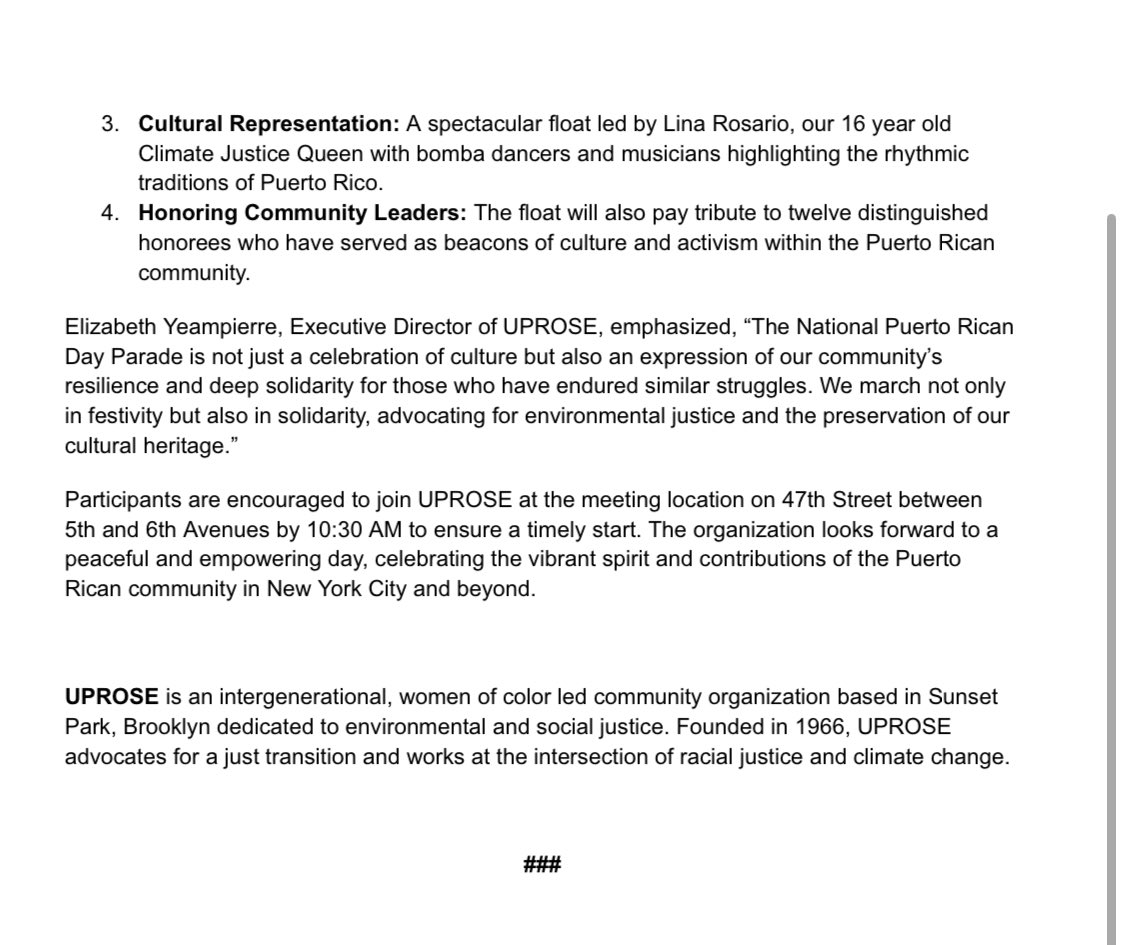 Our <a href="/UPROSE/">Your People at UPROSE 🌻</a> press release for #PuertoRicanDayParade today! 🌻🇵🇷💚

“The National Puerto Rican Day Parade is not just a celebration of culture but also an expression of our community’s resilience and deep solidarity for those who have endured similar struggles” -<a href="/yeampierre/">Yeampierre</a>