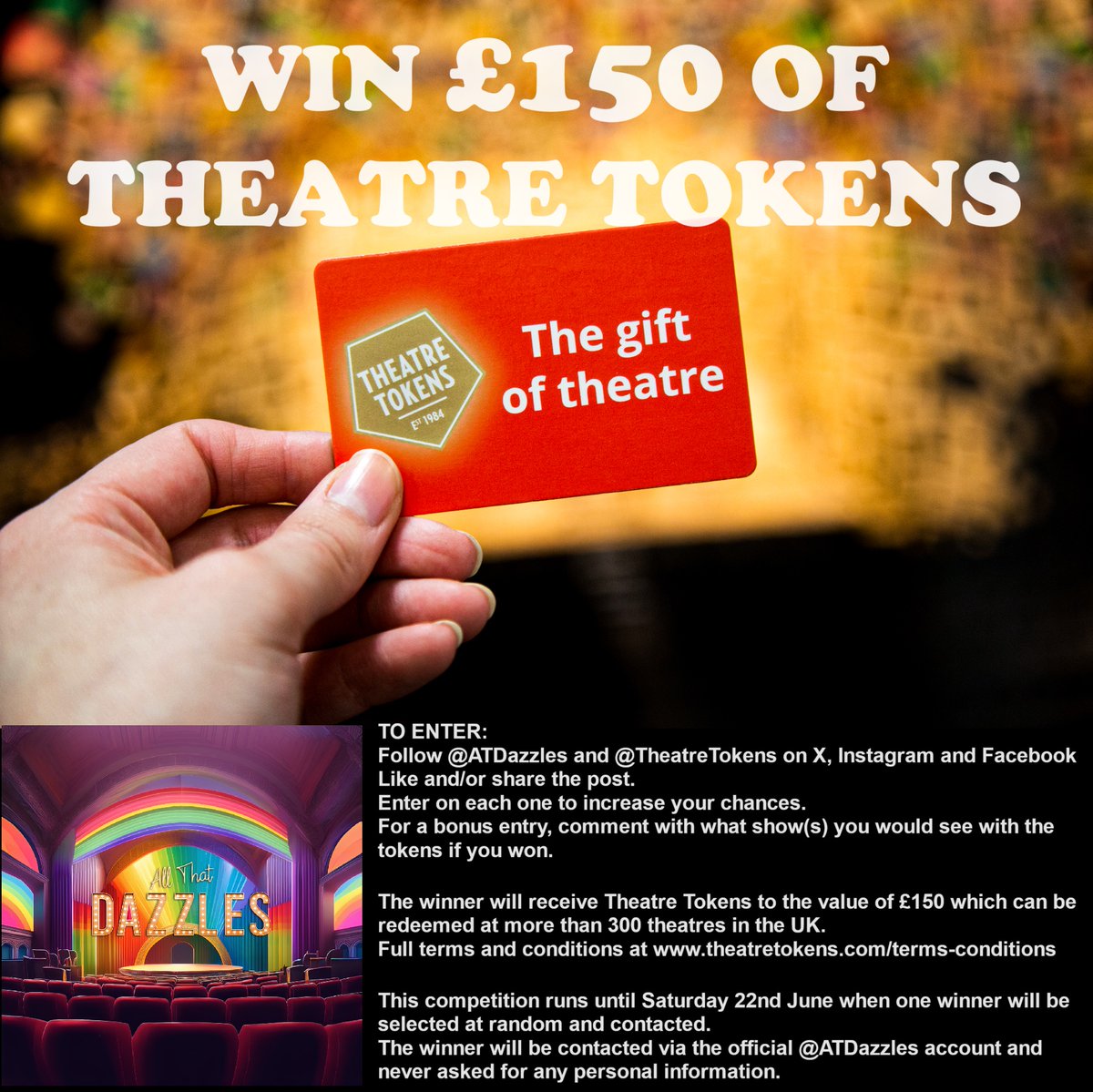 NEW COMPETITION ALERT!
I've teamed up with <a href="/TheatreTokens/">theatretokens</a> to offer £150 worth of Theatre Tokens to one lucky winner.
To enter, like or repost this.
For a bonus entry, reply with what show(s) you'd book with the tokens if you win.
You must be following me to enter. The winner will