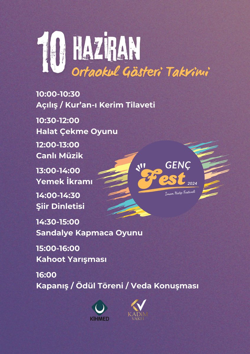 genckihmed's tweet photo. Bu yıl 3.’sünü düzenleyeceğimiz Genç Fest 2024
İmam Hatip Ortaokullarına 10 Haziran Pazartesi Günü Saat 10.00'da, İmam Hatip Liselere ise 11 Haziran Salı Saat 10.00'da  Kadim Konağı'nda gerçekleştirelecektir.
Bir İMAM HATİP Klasiği
Bir İMAM HATİP Festivali..
#gençkihmed #gençfest https://t.co/1UEzmhK6RR