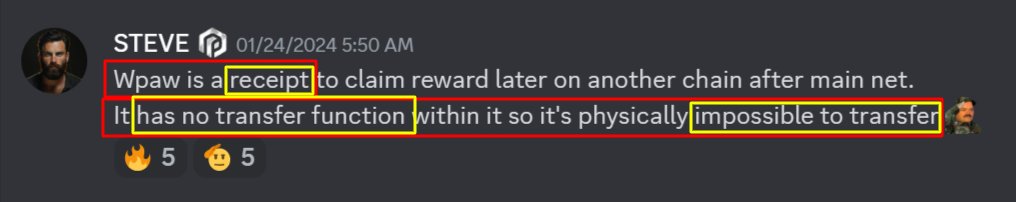 martinDouglas_'s tweet photo. "Bro wpaw is the same as wrapped eth or wrapped bitcoin"
Yes, you would think when a token is called a wrapped token it 100% would be like #wETH.
However, this is the #PAWCHAIN project..
#LIES
"Earned rewards will accumulate as $WPAW tokens. $WPAW is a wrapped version of $PAW that is a 1:1 representation of $PAW, usable and transferable across supported blockchain networks." https://t.co/IPDhkxYmrW
This is what investors were told...
This is a flat-out lie.
per STEVE #PAWllc CMO
@Steve8289523187
in #DISCORD:
The current CA of $wPAW is:
• simply a "receipt", "gift voucher"
• NOT TRANSFERABLE
• Impossible to transfer
Being it is NOT TRANSFERABLE could be a possible reason it was NOT submitted to #CERTIK when the #staking audits took place.
$WPAW WAS NEVER AUDITED🚨
A NEW $WPAW smart contract will be implemented when main net is released.
Deployed on 5.26.2024
https://t.co/fJK9Ngx4SY
This contract has been submitted for audit.
WOW such bait-and-switch tactics🚩
Don't
Believe
the
Hype
#PAW $PAW #PAWSWAP #PAWFAMILY
#PAWECOSYSTEM #PAWCHAIN