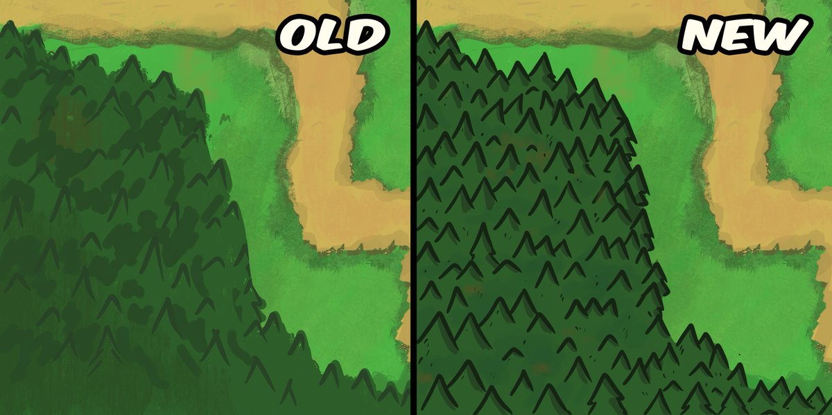 theTystero's tweet photo. Currently reworking the placeholder alpha-assets for my little Tower Defense game, starting with the Trees. 
Next up: all the rest. 
Here is a portion of the Map before and after, what do you think?

#IndieGameDev #gamedevelopers #indiedev 
#gamedev #gameart #towerdefense https://t.co/XUeKKnNkg4