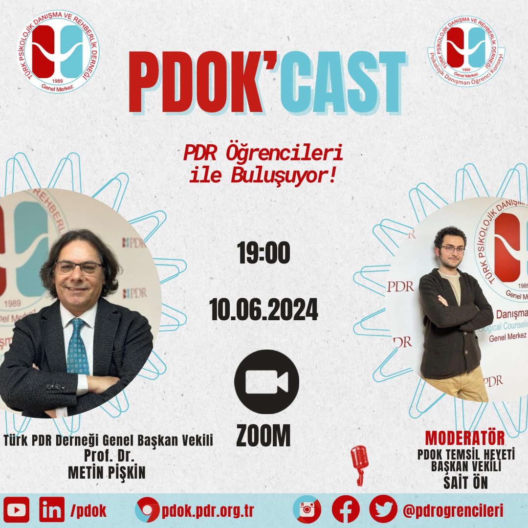 10 Haziran 2024 (Pazartesi) tarihinde saat 19.00’da Türk PDR Derneği Genel Başkan Vekili Prof. Dr. Metin Pişkin PDOK’CAST etkinliğimizi gerçekleştireceğiz.Moderatörlüğünü PDOK Temsil Heyeti Başkan Vekili Sait Ön'ün yürüteceği PDOK’CAST yayınımıza tüm PDR Öğrencilerini bekliyoruz.