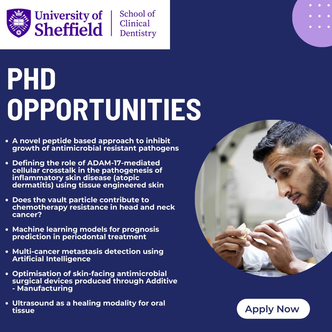 School of Clinical Dentistry | Sheffield (@shefdentistry) on Twitter photo Looking to do a PhD? Our latest opportunities are now available to view at <a href="/FindAPhD/">FindAPhD</a> tinyurl.com/mvmfwvbf. Apply now before closing date on 26th June 2024 <a href="/shefunihealth/">Faculty of Health | University of Sheffield</a> <a href="/sheffielduni/">The University of Sheffield</a> #phd #translationalresearch #oralhealth Looking to do a PhD? Our latest opportunities are now available to view at <a href="/FindAPhD/">FindAPhD</a> tinyurl.com/mvmfwvbf. Apply now before closing date on 26th June 2024 <a href="/shefunihealth/">Faculty of Health | University of Sheffield</a> <a href="/sheffielduni/">The University of Sheffield</a> #phd #translationalresearch #oralhealth