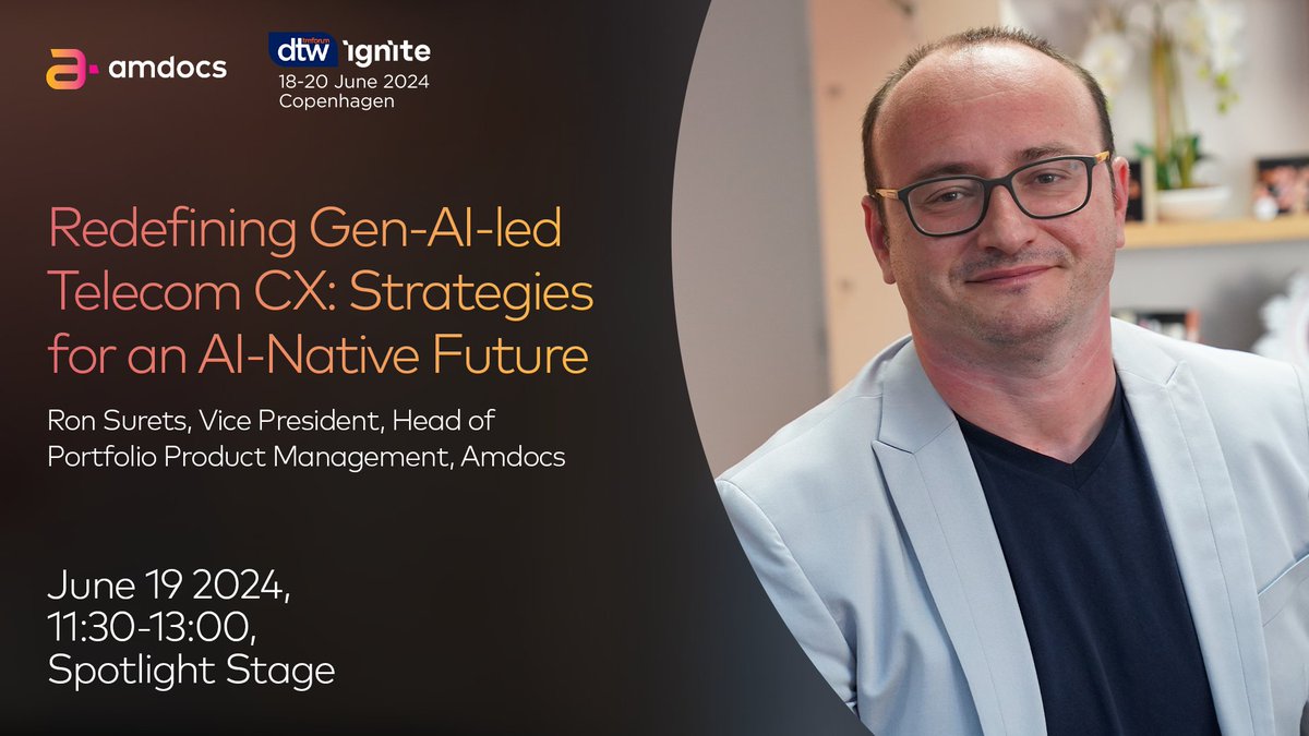 Amdocs's tweet photo. Discover the future of telecom at #DTW2024! Join Ron Surets, Head of Product Management at Amdocs to learn how AI and digital transformation are driving innovation.
Exclusive invite-only session > https://t.co/Zs6YiNa26i
#TechInnovation #AmdocsDTW https://t.co/pNMN2N1flc