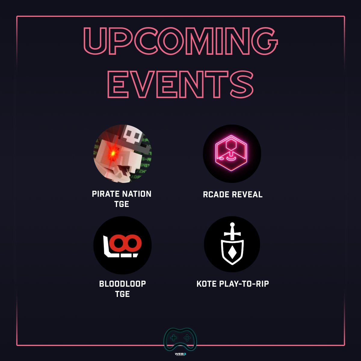 Another week another cool events we get to see.

Here are some worthy event you should check this upcoming week.

<a href="/PirateNation/">Pirate Nation</a> - Token Generation Event
<a href="/RcadeNetwork/">RCADE Network</a> - Token Info Reveal
@Bloodloop - Token Generation Event
<a href="/KnightsOfTheEth/">Blightfell</a> - Play-to-rip Event