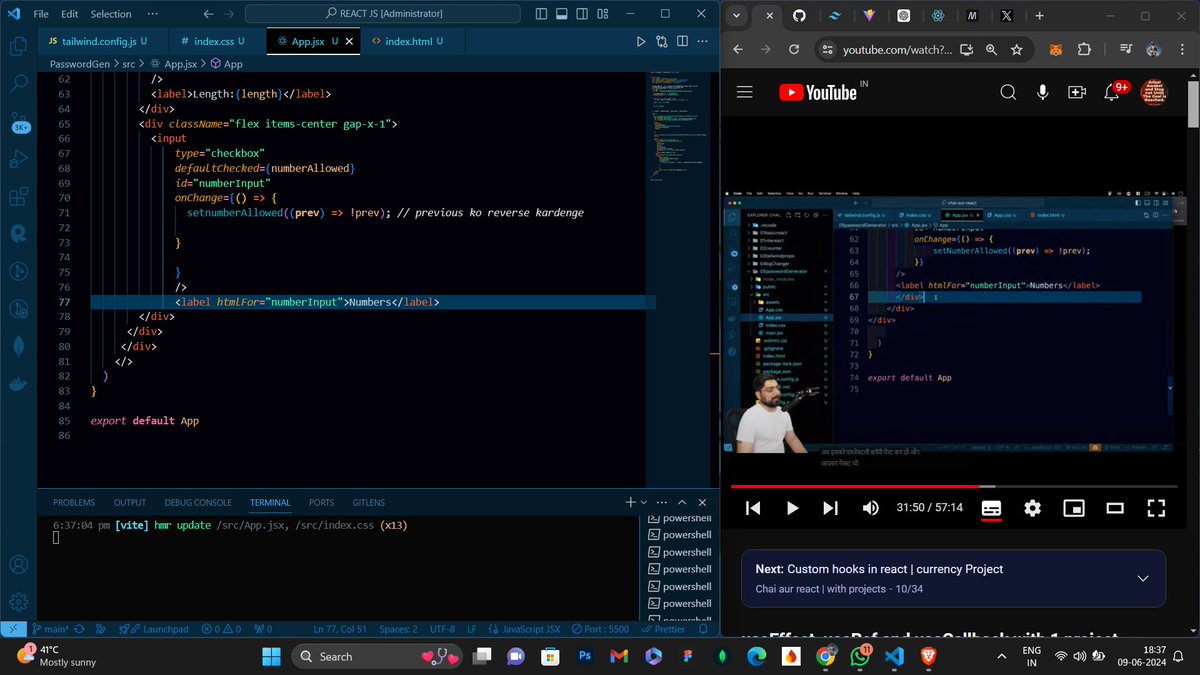 eigenpiyush's tweet image. Learning how to make password generator using  
different-different hooks in react✨ from @Hiteshdotcom sir&apos;s🙌 playlist &apos;chai aur react&apos;.

They made react easy to understand by building projects.

#learninpublic #hiteshdotcom #react #javascript #buildinpublic🚀