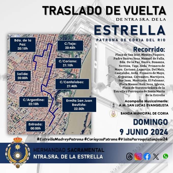 Nos complace anunciaros que iremos abriendo el cortejo en la procesión de regreso del Solemne Traslado de la <a href="/EstrellaCoria/">Hermandad Sacramental Ntra. Sra. de la Estrella</a>, Patrona de Coria del Río, de la visita a la Parroquia <a href="/Hdad_SanJose/">Hermandad Sacramental de San José</a>

#suenasanlucas #coriadelrio #estrellamadreypatrona #coriaysupatrona