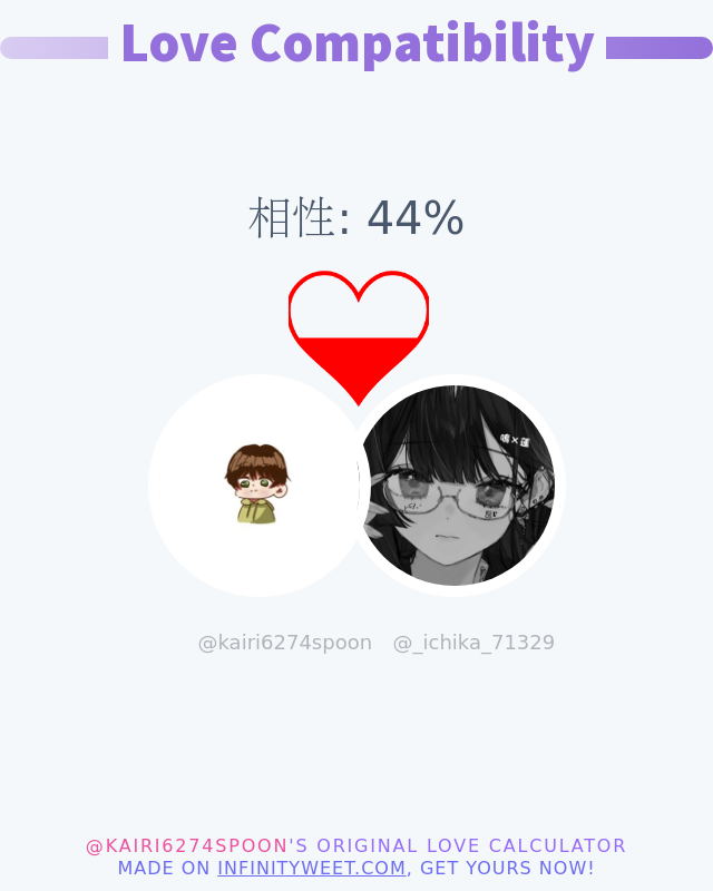 kairi6274spoon's tweet photo. 私と @_ichika_71329 の恋愛の相性は 44%

➡️ https://t.co/1Tm8hlCwAq https://t.co/QWdm3np5zf