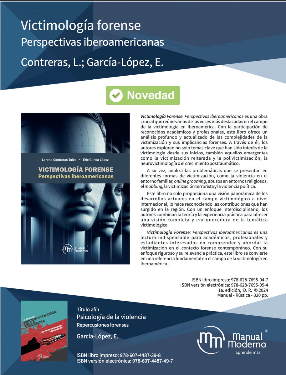 ericgarcialopez's tweet photo. Victimología forense.
Perspectivas iberoamericanas.

Autores tan reconocidos como @martyrium2014,@NGrevia;JosepTamarit;M.Gámez;@dgtrijueque;@VictorDujo;entre otras/os brillantes colegas, forman parte de este nuevo libro.

Honor para mí, haberlo dirigido junto a @ContrerasTaibo https://t.co/MhQPegW3Wj
